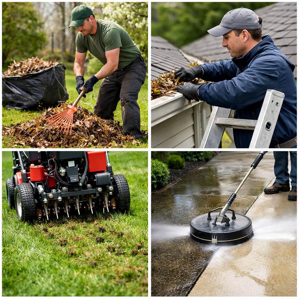 Cut and Clean team performing spring cleanup, gutter cleaning, lawn aeration and pressure washing
